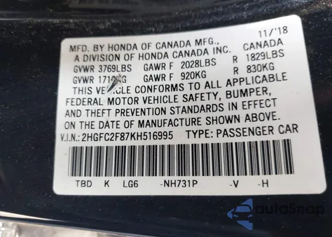 2019 Honda Civic Sport z USA, uszkodzony, nr VIN 2HGFC2F87KH516995